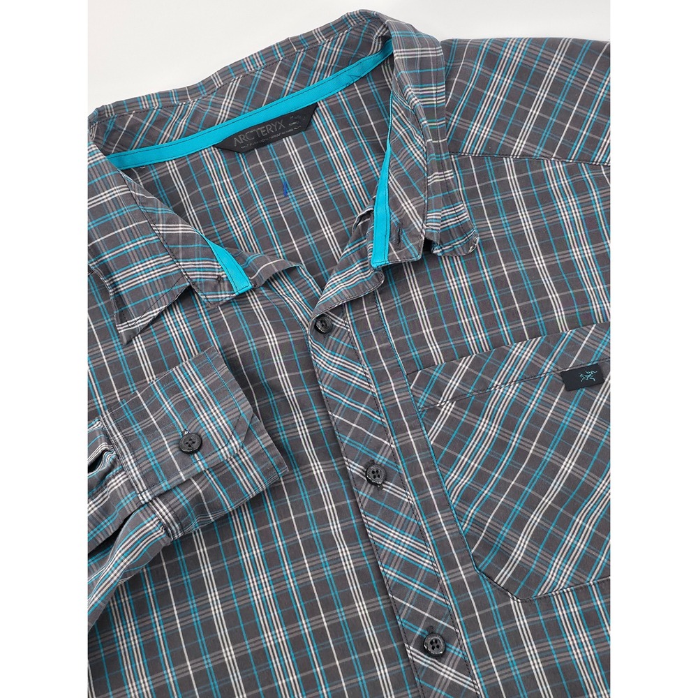Arcteryx Mens Long Sleeve Plaid Button Down Shirt Grey Blue Size L CA 34438